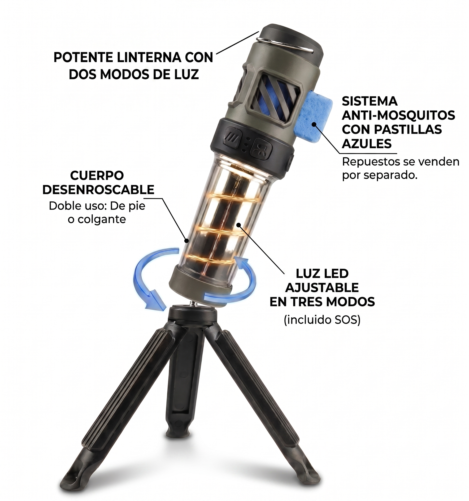 LumiGuard™ 3 en 1: Linterna de exterior con Trípode y Anti-Mosquitos