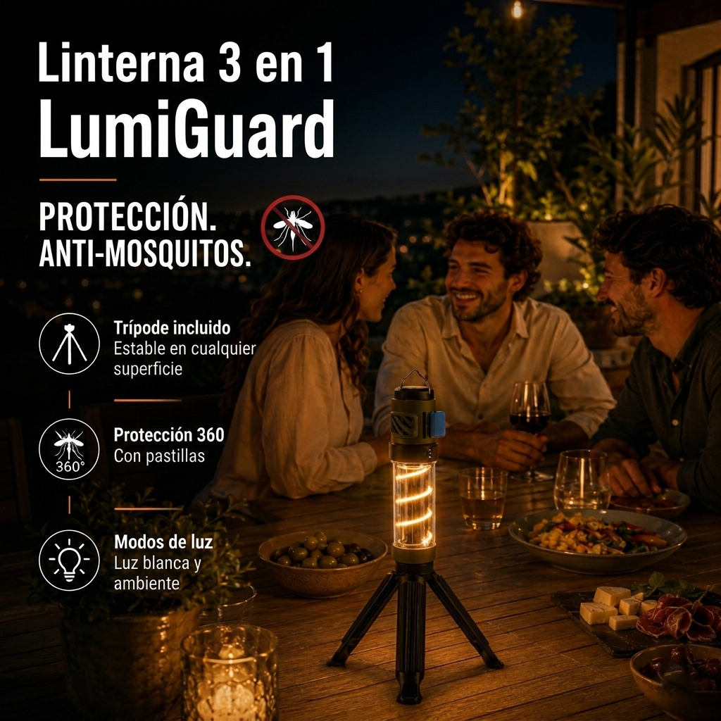LumiGuard™ 3 en 1: Linterna de exterior con Trípode y Anti-Mosquitos